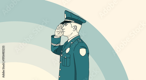 Illustration of uniformed officer saluting in profile with stylized radial background pattern