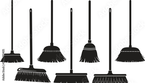 Black broom silhouette collection, cleaning equipment icon set, household sweeping tool vector, isolated broomstick graphics on white background, janitor service tools.