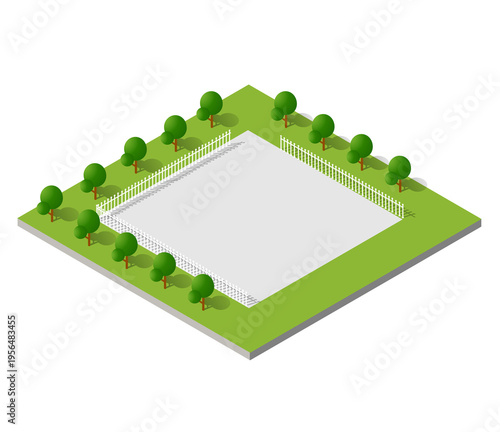 Vector isometric green park area with grass lawn, trees around perimeter and white fence. Perfect for city planning and landscape design projects.