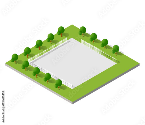 Vector isometric green park area with grass lawn, trees around perimeter and white fence. Perfect for city planning and landscape design projects.