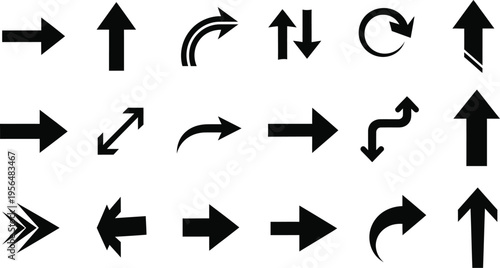 A collection of 16 black arrow icons on a white background