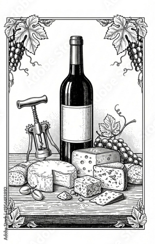 Timeless woodcut still life of wine, cheese, and grapes.