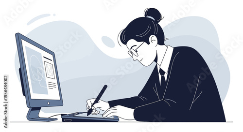 Illustrative depiction of digital artist working on graphic design with stylus pen and display