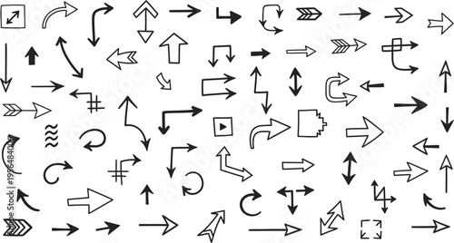 Collection of hand drawn arrows and directional symbols