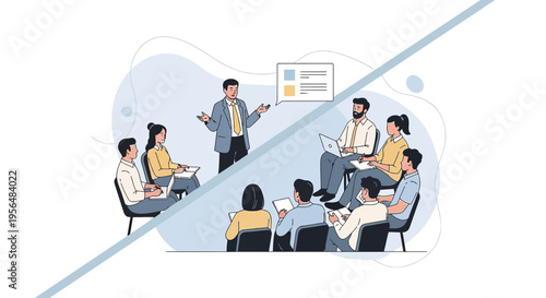 Illustrative depiction of professional training seminar with speaker and engaged participants