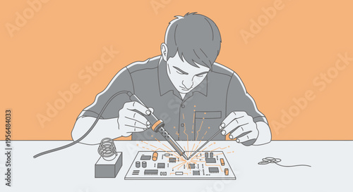 Illustration showcasing electronics repair and assembly by soldering components on a circuit board