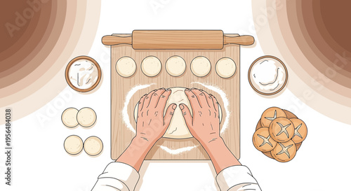 Illustration showcasing hands preparing dough, surrounded by ingredients and freshly baked rolls