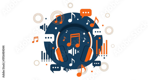 Illustration showcasing headphones surrounded by musical notes and communication bubbles for sound