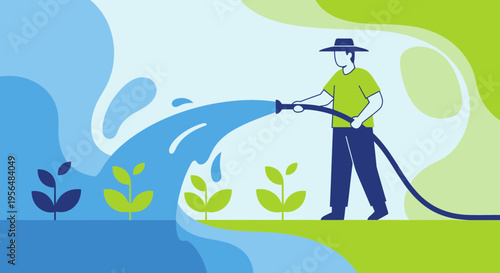 Illustration showcasing sustainable agricultural practices with a farmer irrigating crops