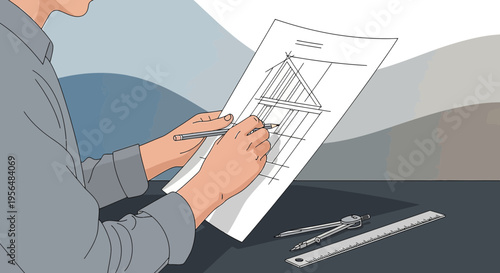 Illustrative architectural design process with geometric tools and precise lines on paper