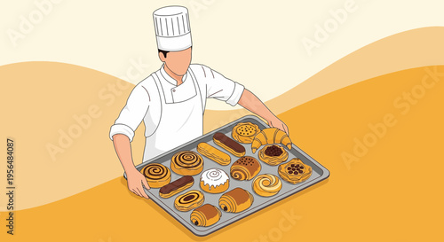 Illustrative baker carrying a tray filled with an assortment of delectable baked goods in graphic