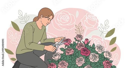 Illustrative composition showcasing a woman pruning roses in a serene floral backdrop