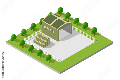 Vector isometric military bunker structure with green trees, grass lawn and fence. Perfect for defense facility and security themed designs.