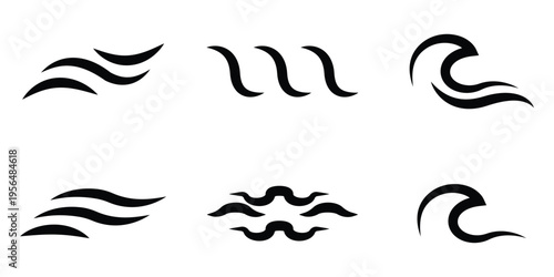 Set of Abstract Black Wave Icons and Stylized Water Waves Collection in Minimalist Design – Ocean Motion Illustration on White Background