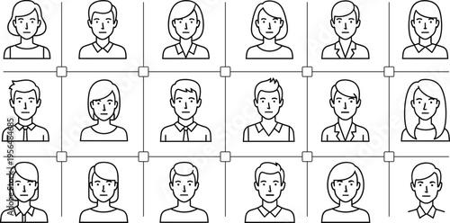 Collection of 16 simple line drawings of various human faces with different hairstyles