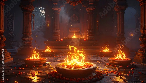A dimly lit ancient temple with burning fires