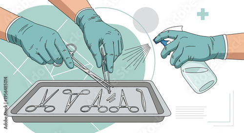 Illustrative depiction of sterile medical instrument handling and meticulous sanitization procedure