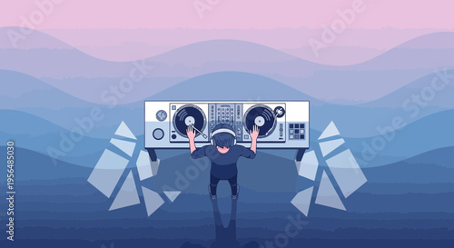 Illustrative dj mixing music with turnable on a gradient blue and pink background