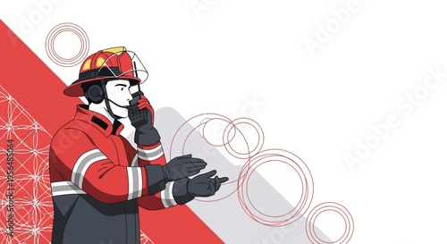 Illustrative firefighter communicating via radio against an abstract geometric backdrop featuring