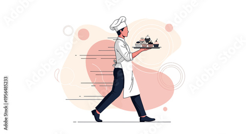 Illustrative speedy dessert delivery: A chef hurrying with cupcakes and sweets on a tray