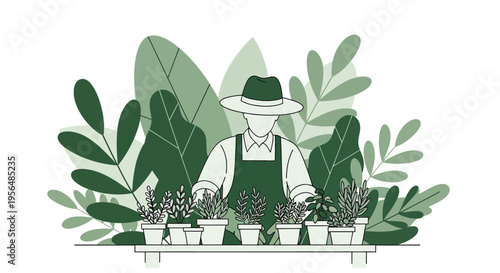 Illustrative scene of a gardener tending to potted plants amidst stylized foliage