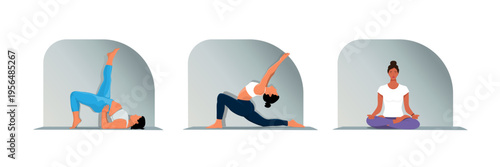 Yoga Class Set: Women Practicing Different Yoga Poses Including Bridge, Crescent Lunge, and Lotus Meditation in Minimalist Flat Vector Illustration Style