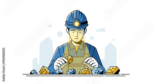 Industrious miner inspecting precious golden nuggets, mining profession representation vector