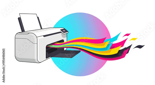 Inkjet printer creating abstract spectrum of vivid colors with modern design aesthetics