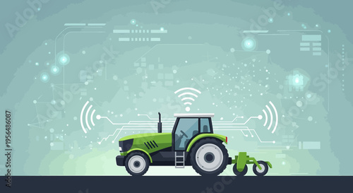 Innovative agriculture precision farming with modern tractor and digital network connecting smart