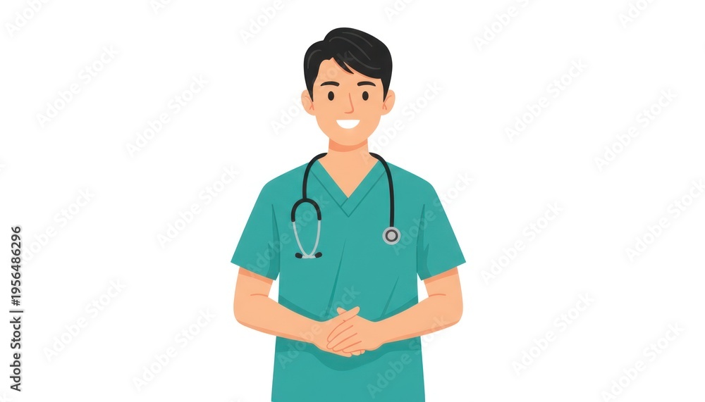 Fototapeta premium Smiling male doctor in green scrubs with stethoscope, front view medical professional portrait isolated PNG with Transparent Background