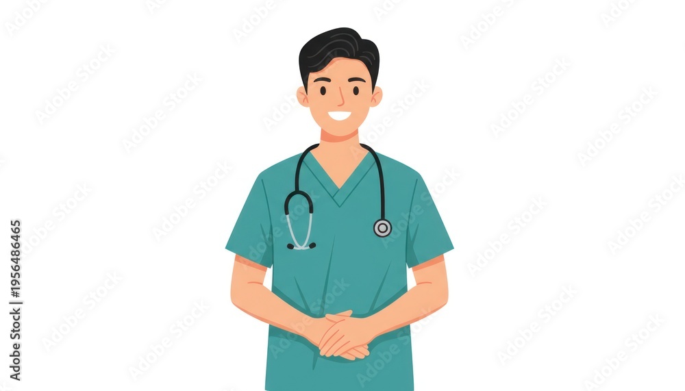 Fototapeta premium Smiling male doctor in green scrubs with stethoscope, flat vector illustration character isolated PNG with Transparent Background