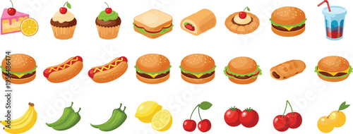 Fast Food and Fruits Vector Set with Burgers, Hot Dogs, Cupcakes, Sandwich, Bananas and Fresh Fruits Illustration