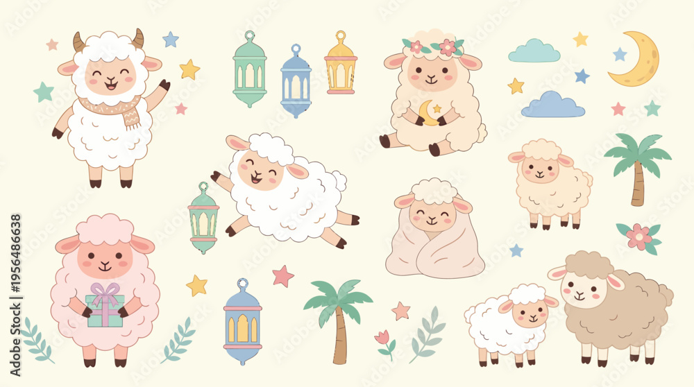 Fototapeta premium Eid al-Adha Cute Sheep and Islamic Elements Illustration.