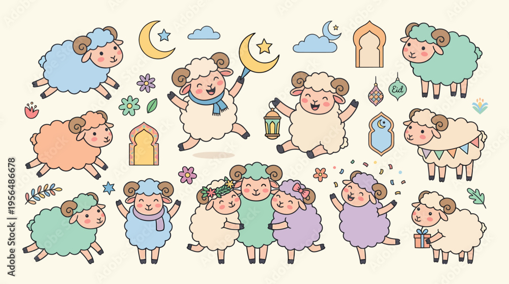 Fototapeta premium Eid al-Adha Sheep Cartoon Collection for Festive Celebrations.