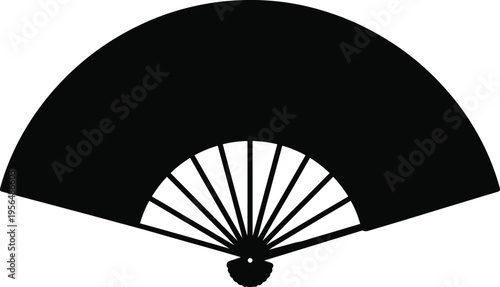 Black silhouette of a traditional oriental folding hand fan isolated on white background for Japanese Chinese and Asian cultural designs