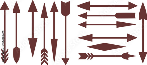 Arrow Icon and Direction Symbol Collection Vector Set Featuring Various Arrow Shapes, Navigation Signs, and Decorative Arrow Elements in Black Silhouette Style