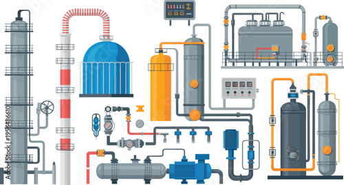 Complex industrial plant system with pipelines tanks reactors gauges and control panels for chemical processing manufacturing vector illustration