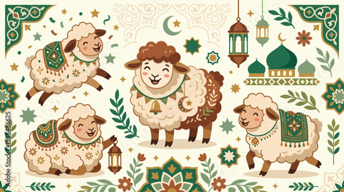 Eid al-Adha Celebration with Cartoon Sheep and Islamic Motifs.