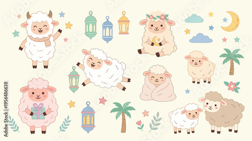 Eid al-Adha Cute Sheep and Islamic Elements Illustration.