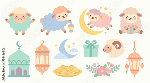 Eid al-Adha Cute Sheep and Islamic Elements Illustration.