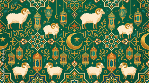 Eid al-Adha Pattern with Sheep, Lanterns, and Islamic Symbols.