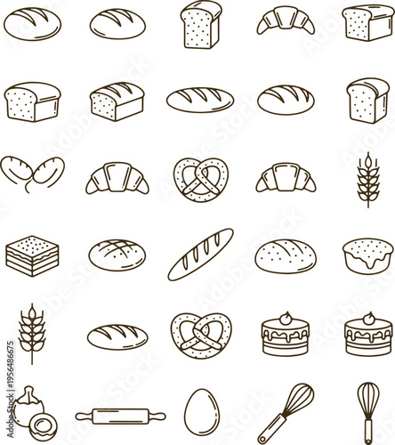 Bakery and bread vector line art icons set with various baked goods and kitchen tools on transparent background