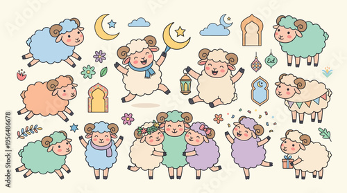 Eid al-Adha Sheep Cartoon Collection for Festive Celebrations.