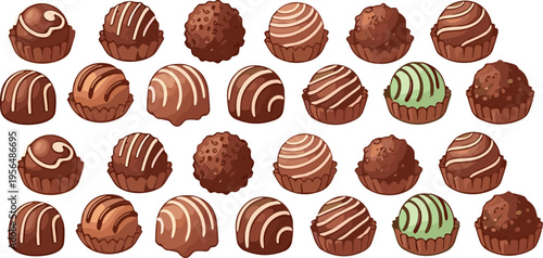 Chocolate truffles and cake desserts set with sweet confectionery candies bakery treats flat vector illustration collection
