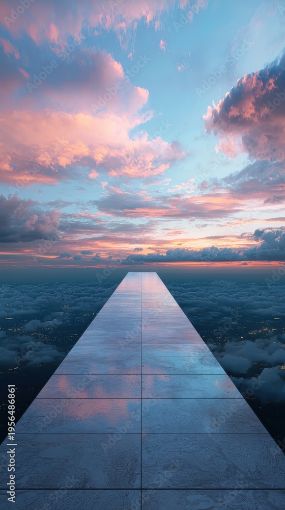 Fototapeta premium Pier Extending Over Clouds at Sunset with City Lights Below