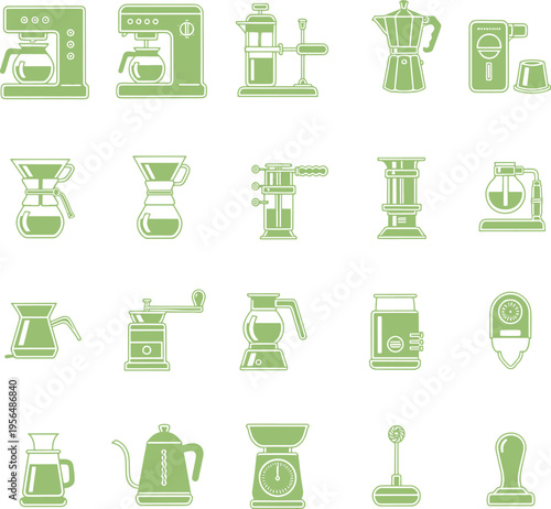 Set of coffee brewing appliances and tools icons isolated on transparent background coffee shop equipment