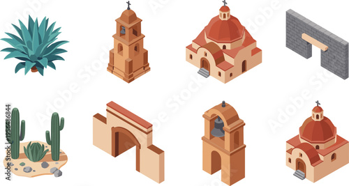 Isometric set of Mexican adobe church architecture, bell towers, desert cactus plants, mission style buildings, vector illustration, 3D design collection