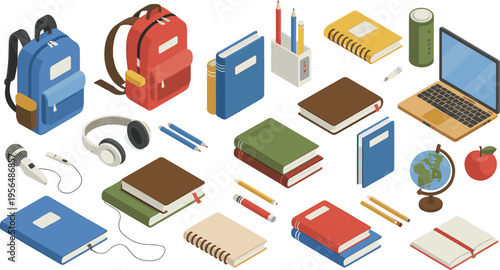 Isometric school supplies set, backpacks books notebooks laptop headphones stationery education tools classroom elements vector illustration collection design