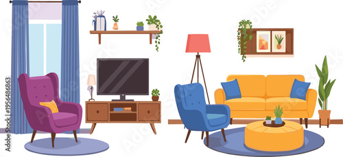 Modern cozy living room interior design set with colorful sofas, armchairs, plants, rugs, lamps, wall art, and home decoration elements cartoon vector
