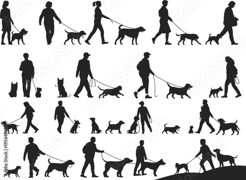 Black silhouette icons of people walking dogs and pets on leashes set, diverse group of owners exercising with domestic animals.